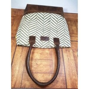 Joyn Herringbone Olive/Cream Fabric Leather Base Handles Lined Shoulder Bag
